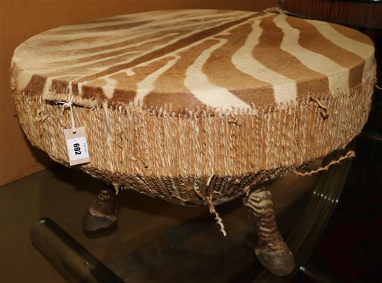 A zebra skin drum/coffee table(-)